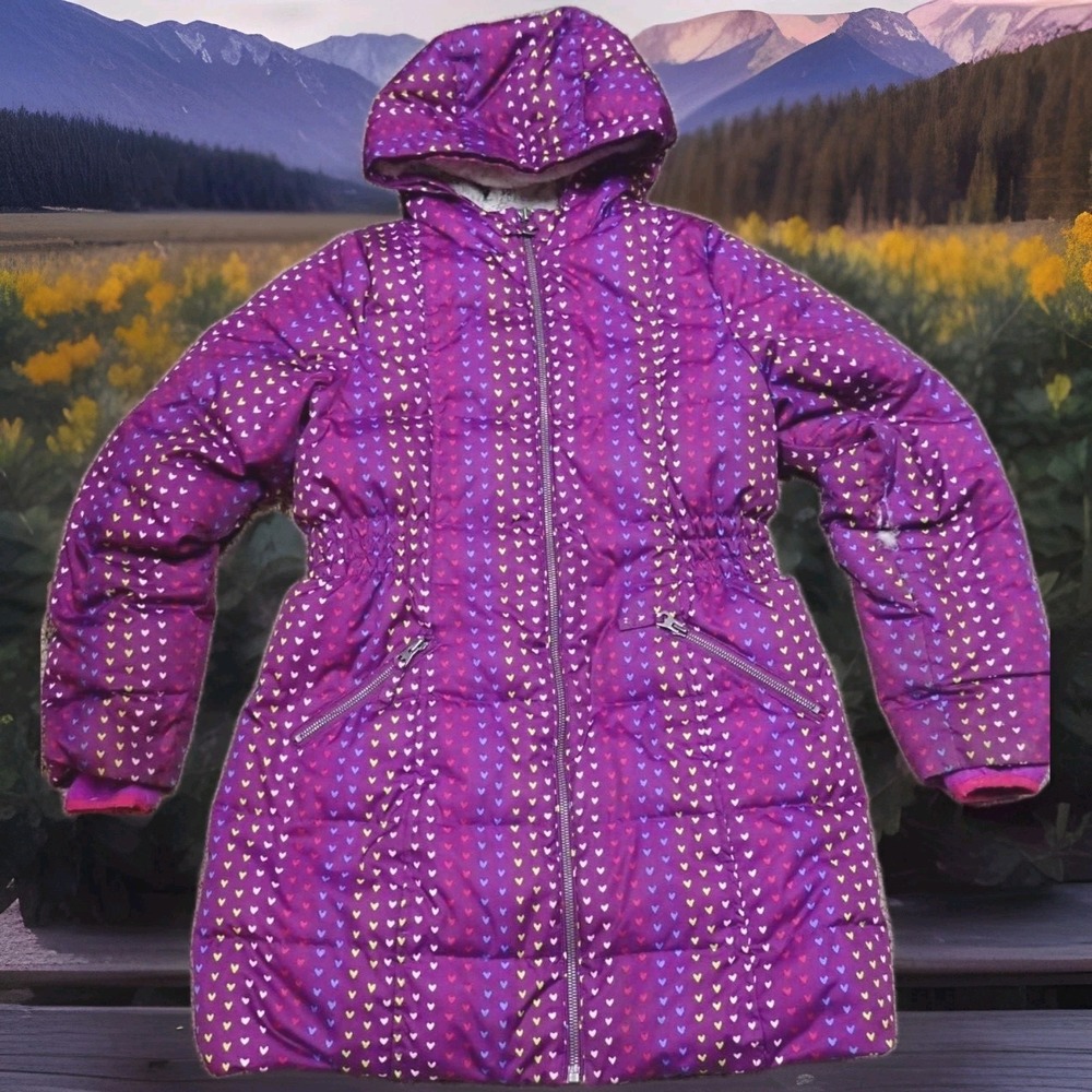 Lands End Puffer Parka Girls Size 14 Purple Fair Heart Print Fleece Lined Jacket